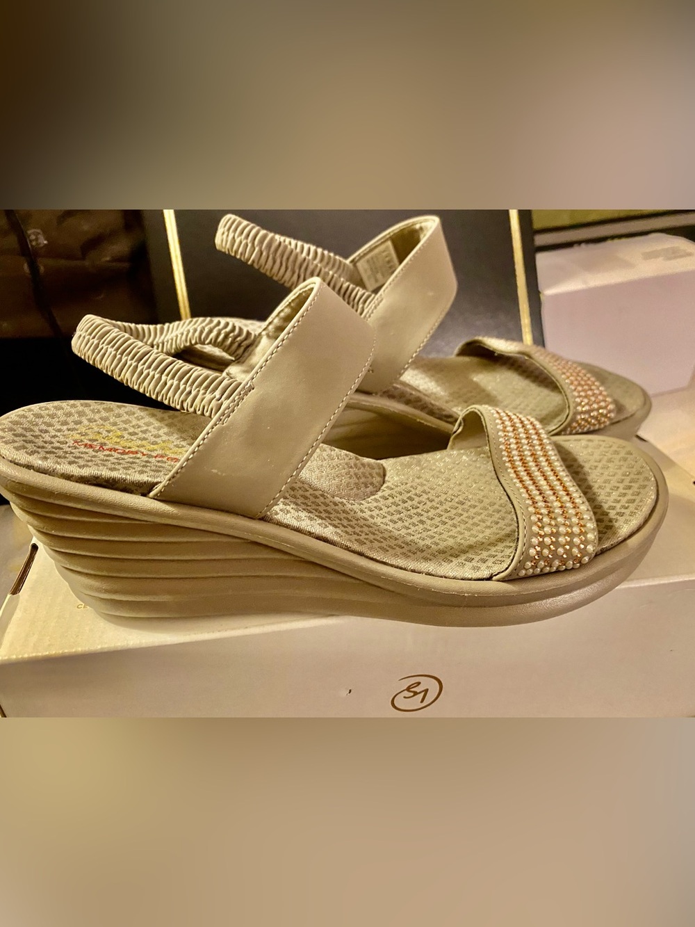 Skechers Beige Wedge Sandals with beads and rhinestones for the bling lover NWOT - Picture 3 of 5